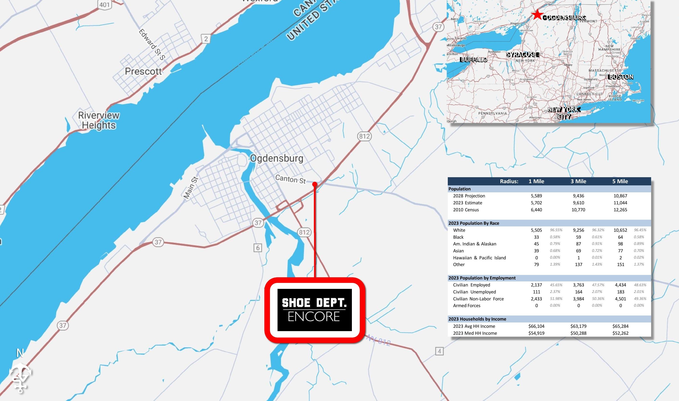 Regional map showing Ogdensburg and the surrounding area