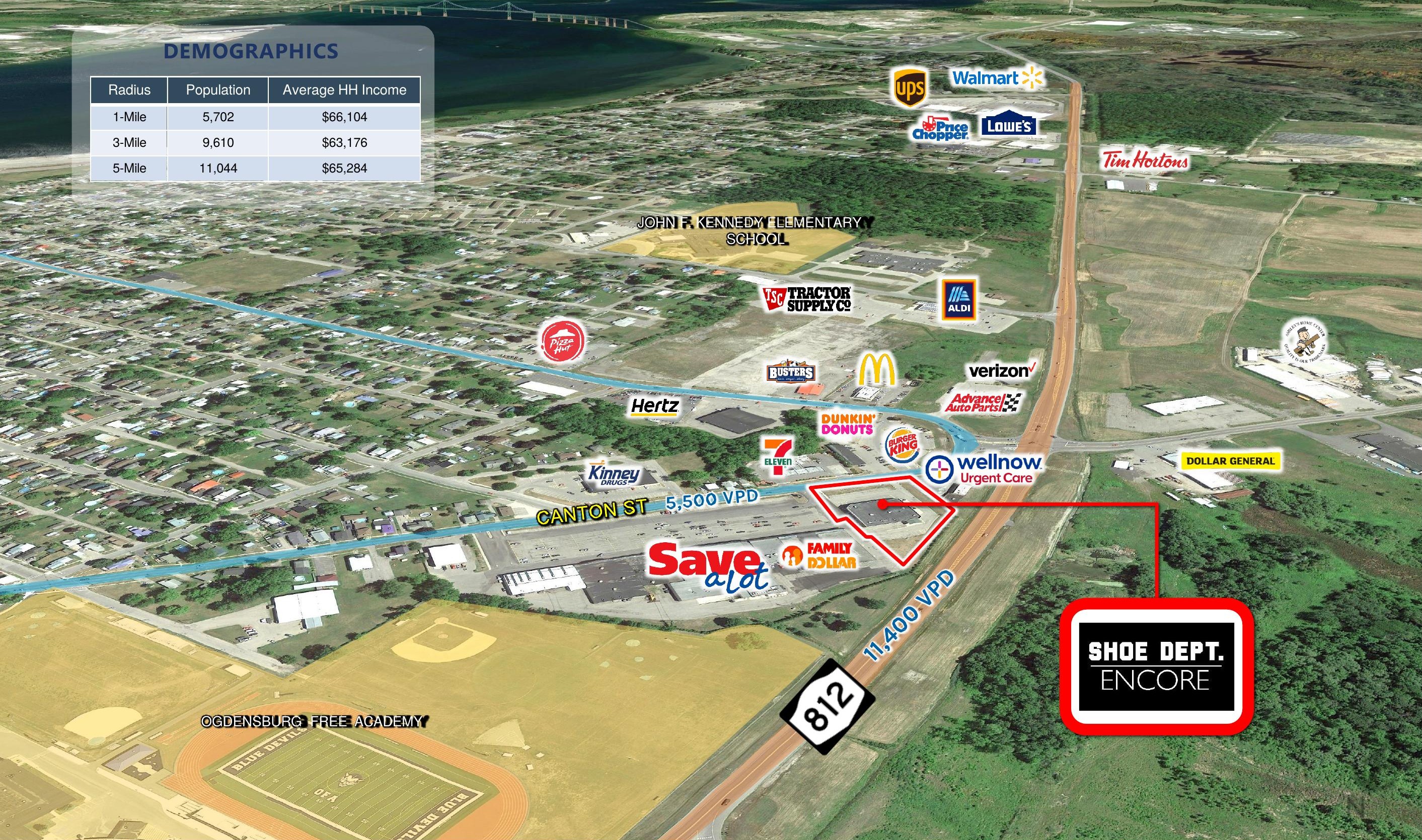 Labeled aerial map of the Ogdensburg trade area showing surrounding retailers, traffic counts and demographics
